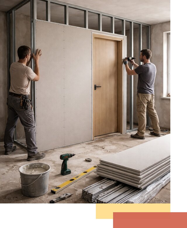 Перегородка из гипсокартона с дверью под ключ в Нерюнгри