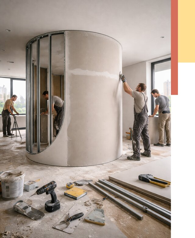 Радиусная перегородка из гипсокартона в Нерюнгри от 3149 руб. под ключ | ОТДЕЛОЧНИК-Нрю