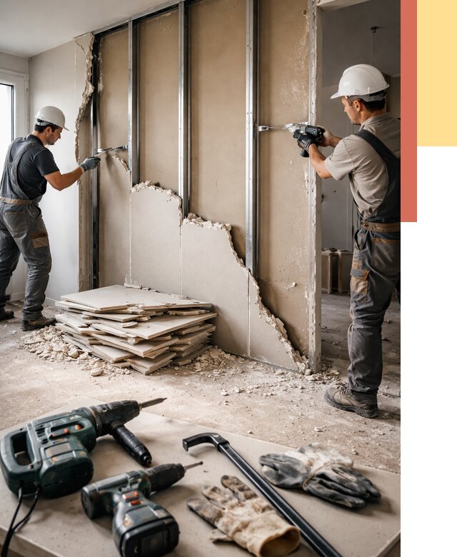 Демонтаж перегородки из гипсокартона в Нерюнгри от 1303 руб. быстро и недорого | ОТДЕЛОЧНИК-Нрю