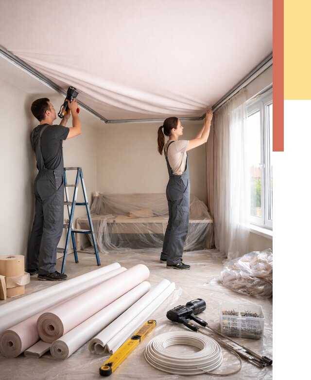 Монтаж цветного натяжного потолка в Нерюнгри от 4561 руб/м² — быстро и недорого | ОТДЕЛОЧНИК-Нрю