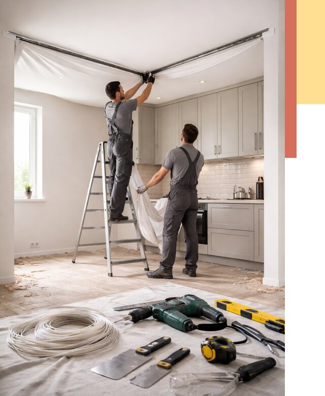 Установка натяжного потолка на кухне в Нерюнгри от 2606 руб. | ОТДЕЛОЧНИК-Нрю