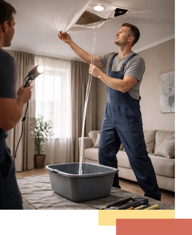 Слив воды с натяжного потолка в Нерюнгри быстро и аккуратно